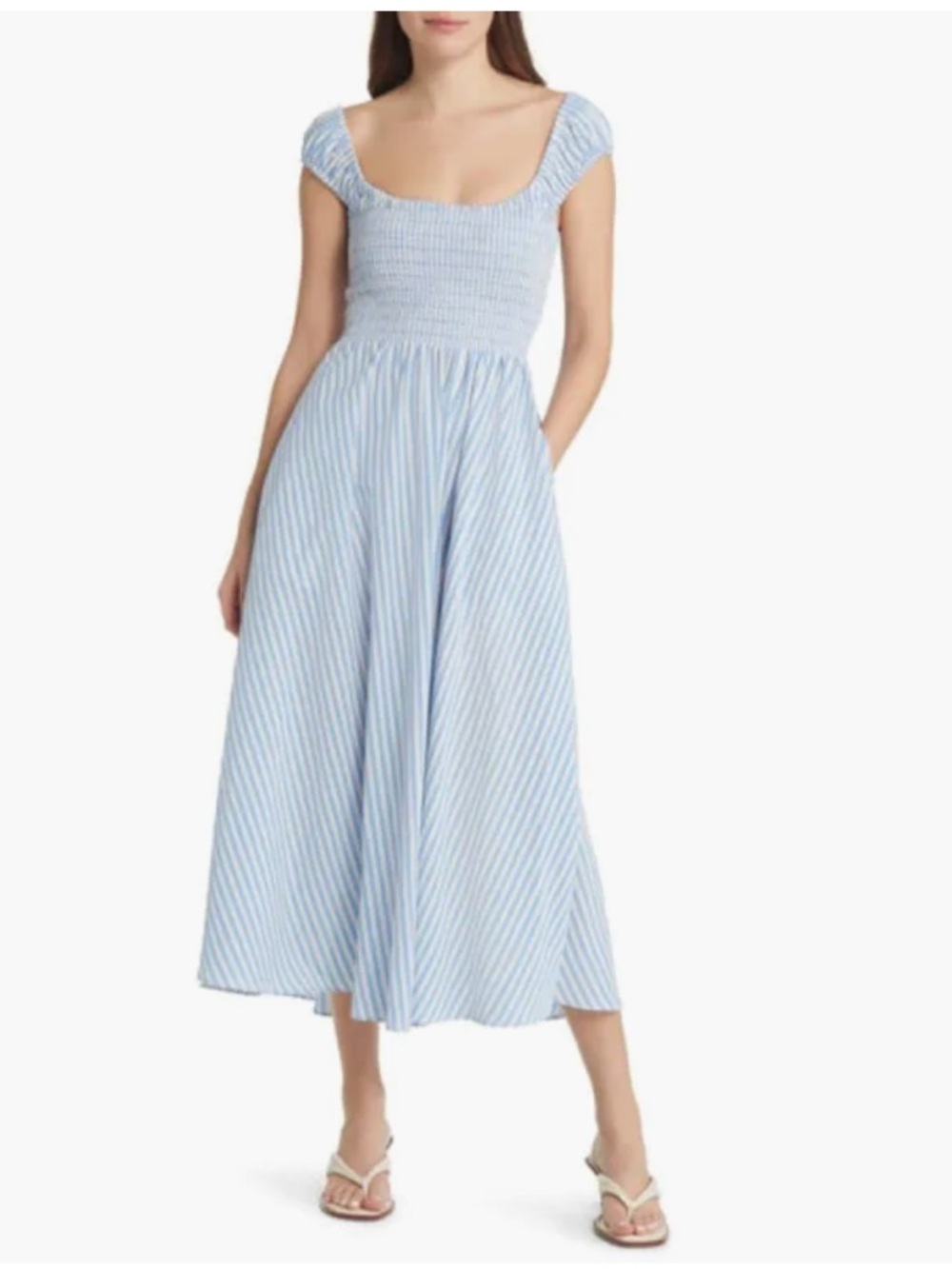 La Ligne Vivian Striped Smocked A-Line Midi Dress - size Large